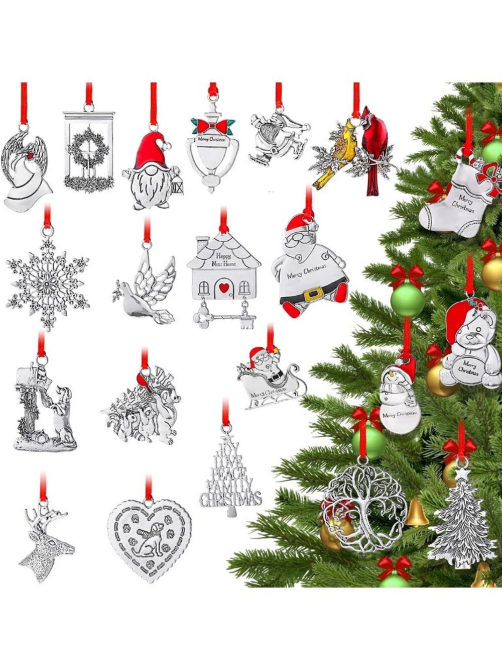 21 Pcs Christmas Pewter Ornaments Set | Festive Xmas Tree Hanging Decor